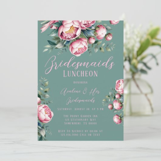 Peony Bouquet in Watercolor Bridesmaids Einladung (Stehend Vorderseite)