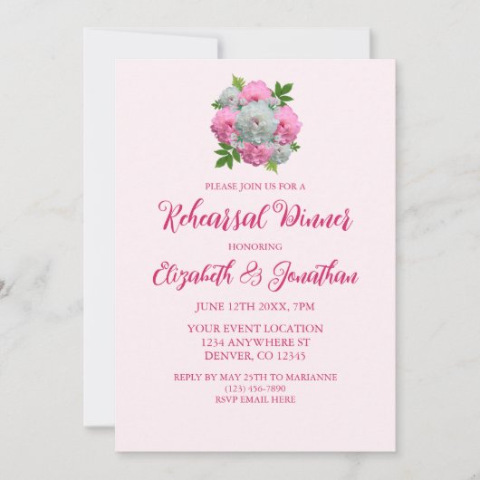 Peony Bouquet Probe Dinner Einladung (Vorderseite)