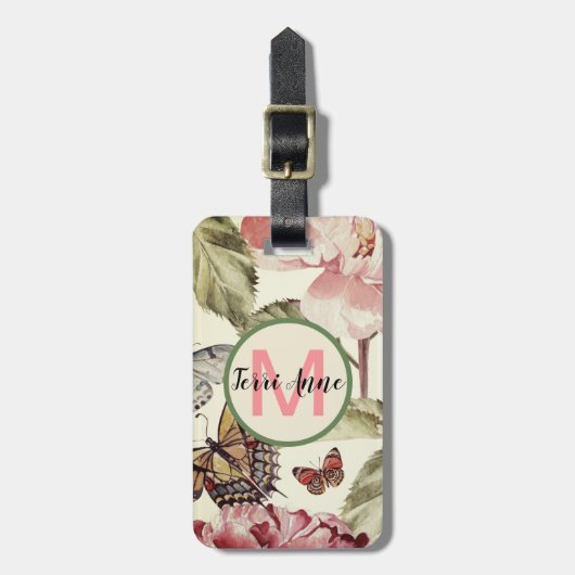 Peony & Butterfliegen mit Monogramm innerhalb eine Gepäckanhänger (Vorderseite vertikal)
