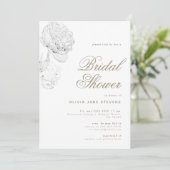 Peony BW Gold Elegantes Script Brautparty Einladung (Stehend Vorderseite)