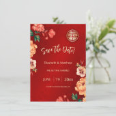 Peony Chinese Wedding Double Happy Save The Date (Stehend Vorderseite)