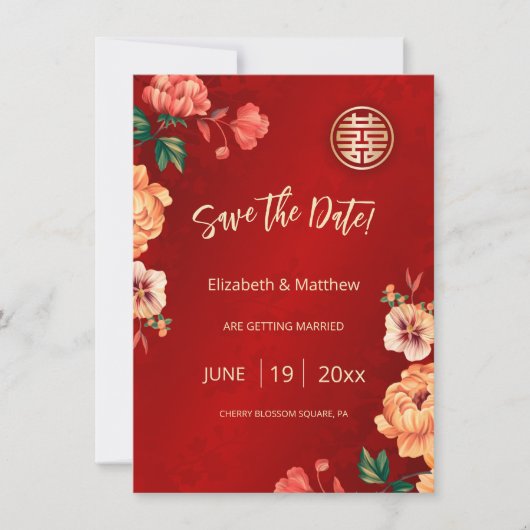 Peony Chinese Wedding Double Happy Save The Date (Vorderseite)