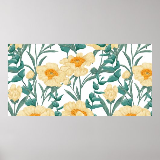 Peony Claire de Lune plants seamless pattern. Hand Poster (Vorne)