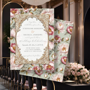 Peony Elegant Floral Gold w Pink and Sage Wedding Einladung