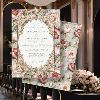 Peony Elegant Floral Gold w Pink and Sage Wedding Einladung