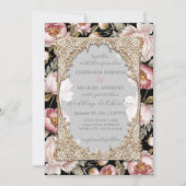 Peony Elegant Floral Gold w Pink n Black Wedding Einladung (Vorderseite)