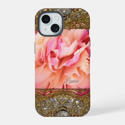Peony Elegant Fluff Monogram iPhone 15 Hülle (Rückseite)