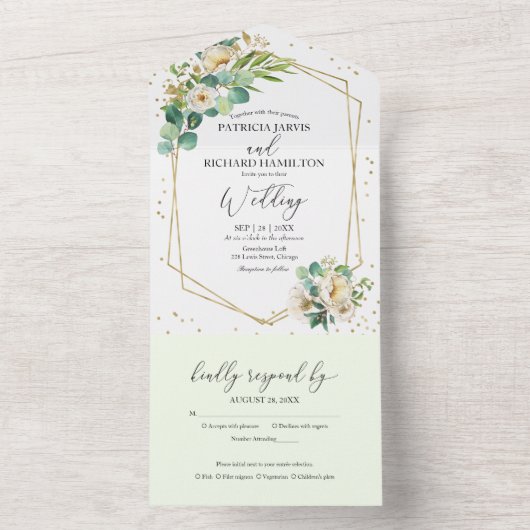 Peony Eucalyptus Floral Geometric Wedding All In One Einladung (Innen Boden)