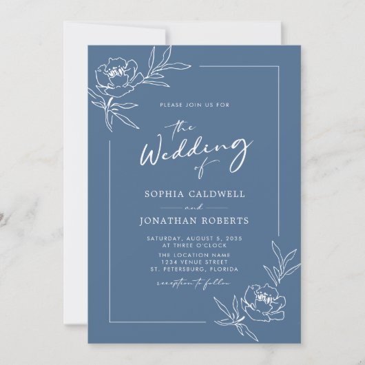 Peony Floral All in One Dusty Blue Wedding Einladung (Vorderseite)