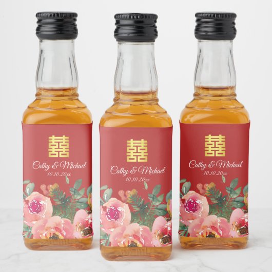 Peony floral doppeltes Glück Chinesische Hochzeit Alkoholflaschenetikett (Flaschen)