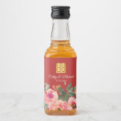 Peony floral doppeltes Glück Chinesische Hochzeit Alkoholflaschenetikett (Vorderseite)