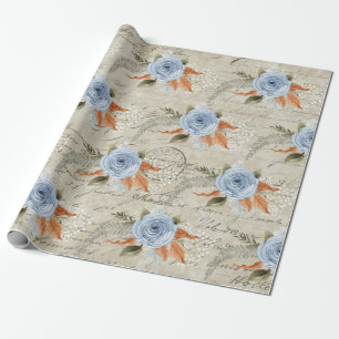 Peony Floral Dusty Blue Vintages Script Ephemera Geschenkpapier