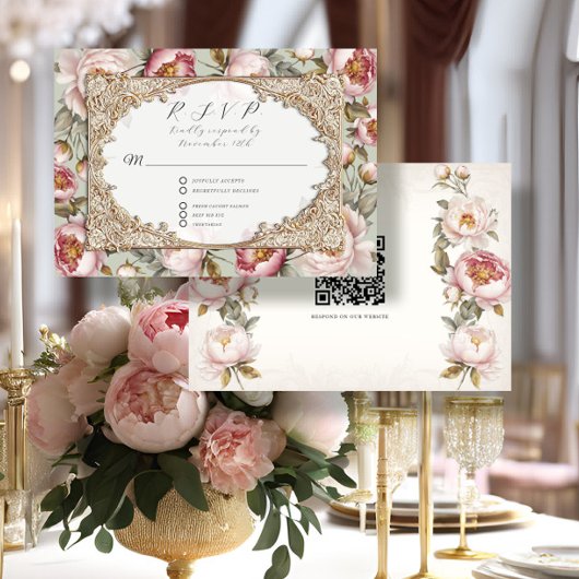 Peony Floral Elegant Gold Pink und Sage Wedding RSVP Karte