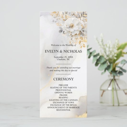 Peony Floral Gold Gray Silver Zeremonie Programm (Stehend Vorderseite)