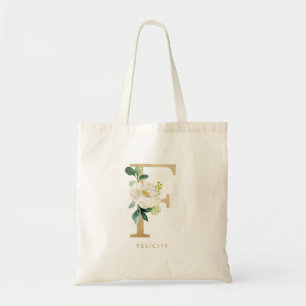 Peony Floral Letter F Gold Monogram Bridesmaid Tragetasche