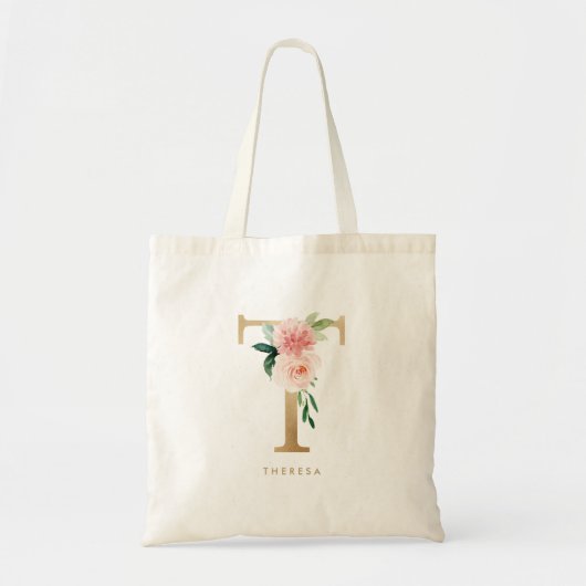 Peony Floral Letter T Gold Monogram Bridesmaid Tragetasche (Vorne)