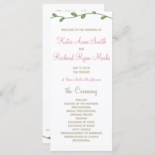 Peony Floral Order of Service/Wedding Program Card Programm (Vorne/Hinten)