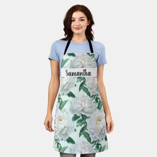 Peony Floral Pattern Weiß Personalisiert Schürze (Getragen)
