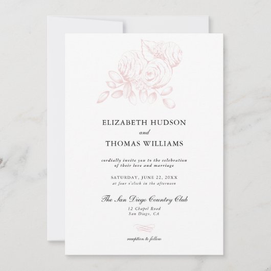 Peony Floral Sketch Formal Moderne klassische Hoch Einladung (Vorderseite)