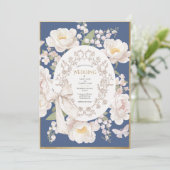 Peony Floral Vintage Elegant Blue Wedding Einladung (Stehend Vorderseite)