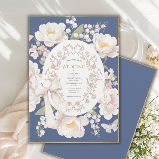 Peony Floral Vintage Elegant Blue Wedding Einladung