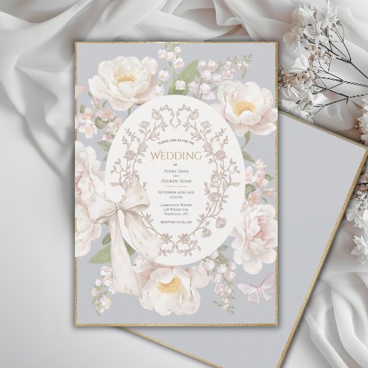 Peony Floral Vintage Elegant Gray Wedding Einladung
