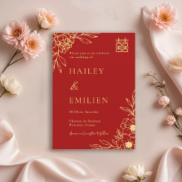 Peony Flowers Modern Chinese Red Gold Wedding Einladung