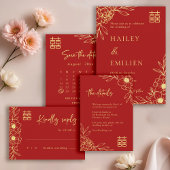 Peony Flowers Modern Chinese Red Gold Wedding Menu Einladung