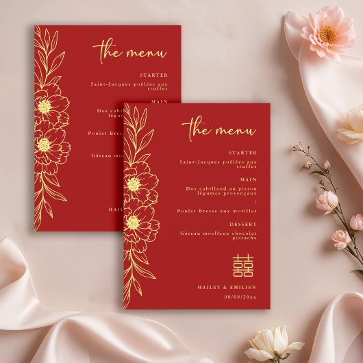Peony Flowers Modern Chinese Red Gold Wedding Menu Einladung