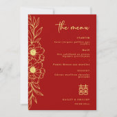 Peony Flowers Modern Chinese Red Gold Wedding Menu Einladung (Vorderseite)
