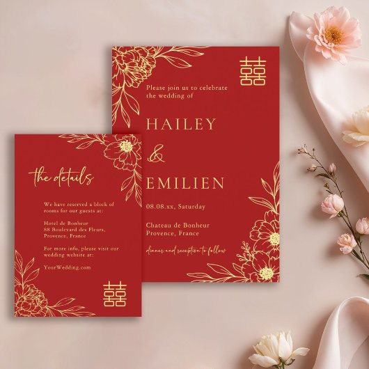 Peony Flowers Modern Chinese Red Wedding Details Einladung