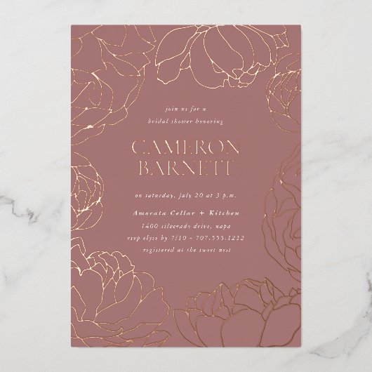 Peony Garden Dark Dusty Rose Brautparty Folieneinladung (Vorderseite)