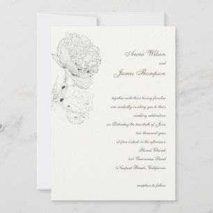 Peony Ink Sketch Ivory Elegante Calligrafy Wedding Einladung