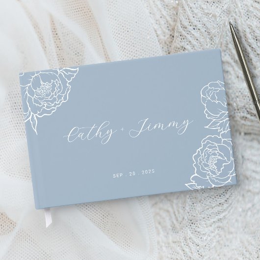 Peony Line Art Dusty Blue Wedding Gästebuch