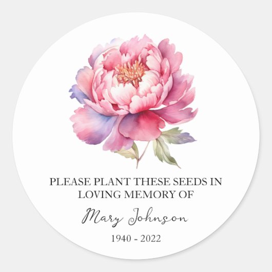 Peony Memorial Funerary Seed Packet Runder Aufkleber (Vorderseite)