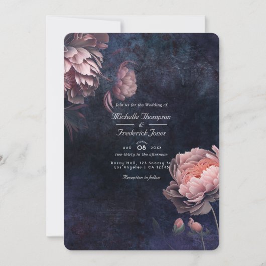 Peony Midnight Floral QR Code Hochzeit Einladung (Vorderseite)