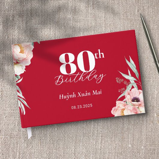 Peony on Red Birthday Welcome Sign Gästebuch