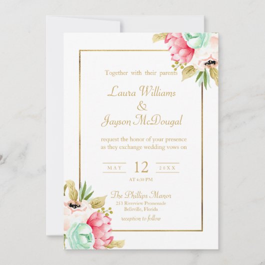 Peony Pastel Watercolor Gold Script Wedding Einladung (Vorderseite)