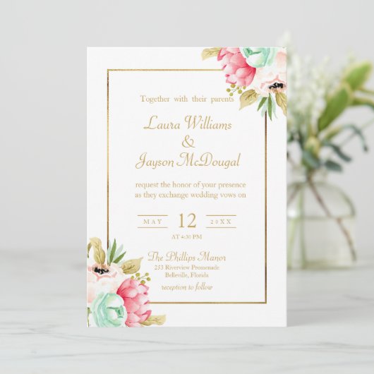 Peony Pastel Watercolor Gold Script Wedding Einladung (Stehend Vorderseite)