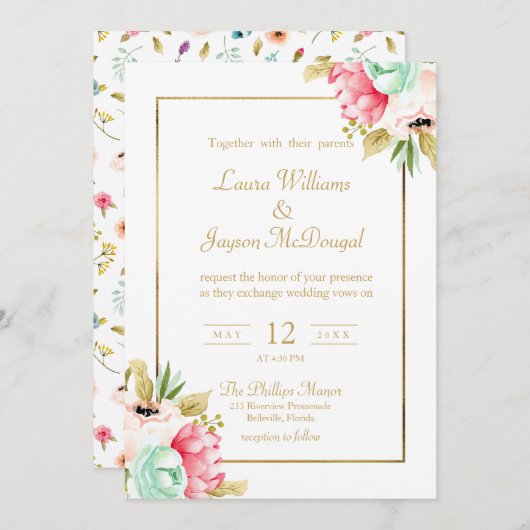Peony Pastel Watercolor Gold Script Wedding Einladung (Vorne/Hinten)