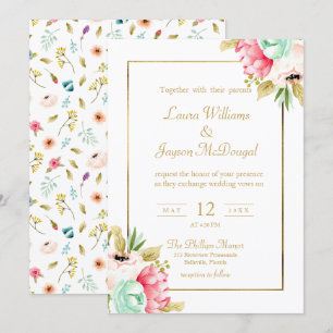 Peony Pastel Watercolor Gold Script Wedding Einladung