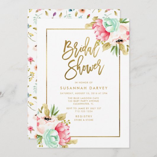 Peony Pastel Watercolors Gold Script Bridal Shower Einladung (Vorne/Hinten)