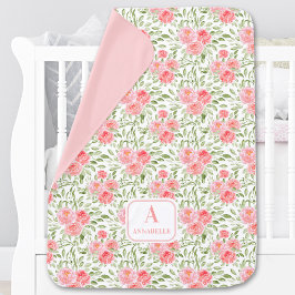 Peony Peach Floral Name Girl Baby Blanket Babydecke