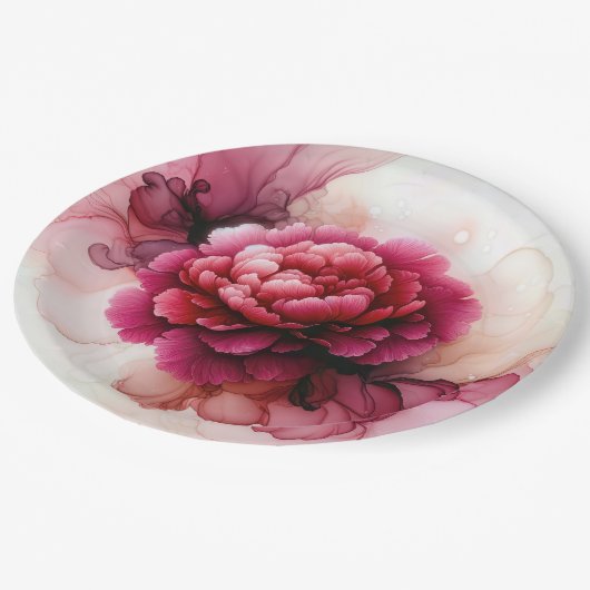 Peony Pink Alcohol Tinte Abstrakt Pappteller (Schrägansicht)