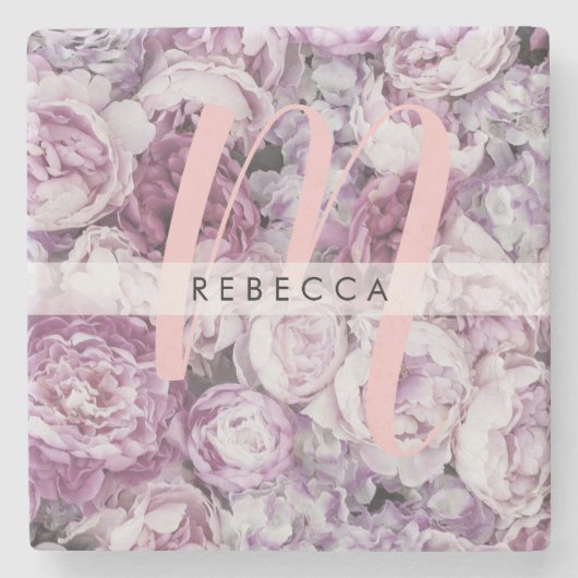 Peony Pink Roses Floral Script Monogram Steinuntersetzer (Vorderseite)