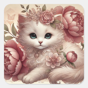 Peony Princess Cat Quadratischer Aufkleber