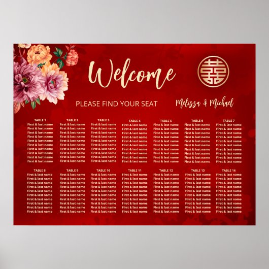 Peony Red Chinese Wedating Chart Poster (Vorne)
