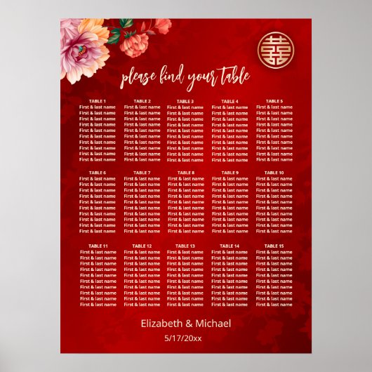 Peony Red Chinese Wedating Chart Poster (Vorne)