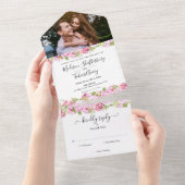 Peony Rose Floral Elegantes Script Foto Hochzeit All In One Einladung (Abreißen)