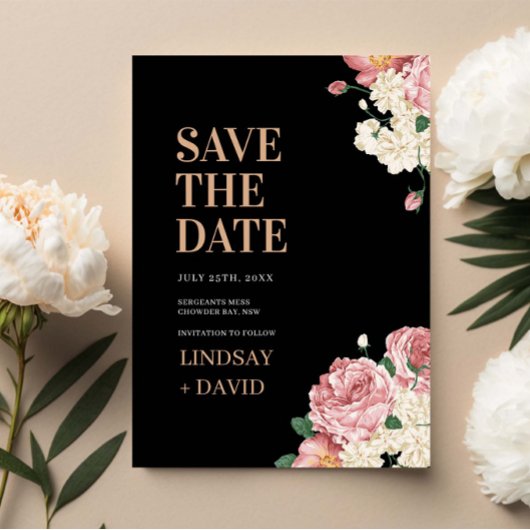 Peony Rose Save the Date auf Black Floral Einladung